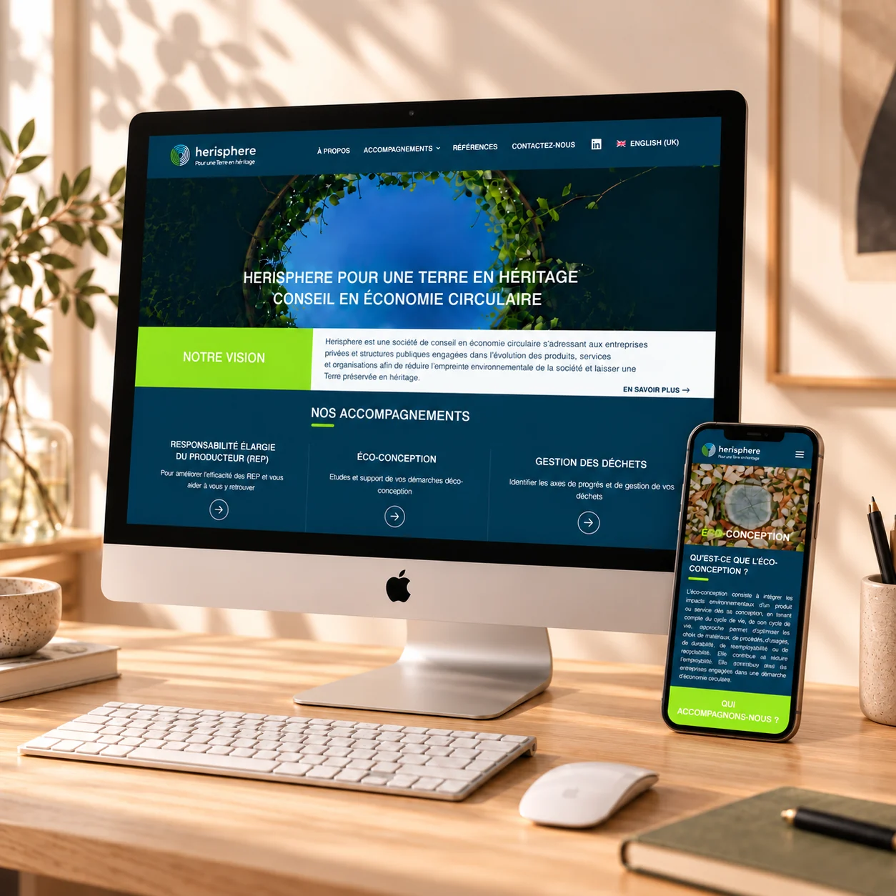 Site Hérisphère sur iMac et smartphone