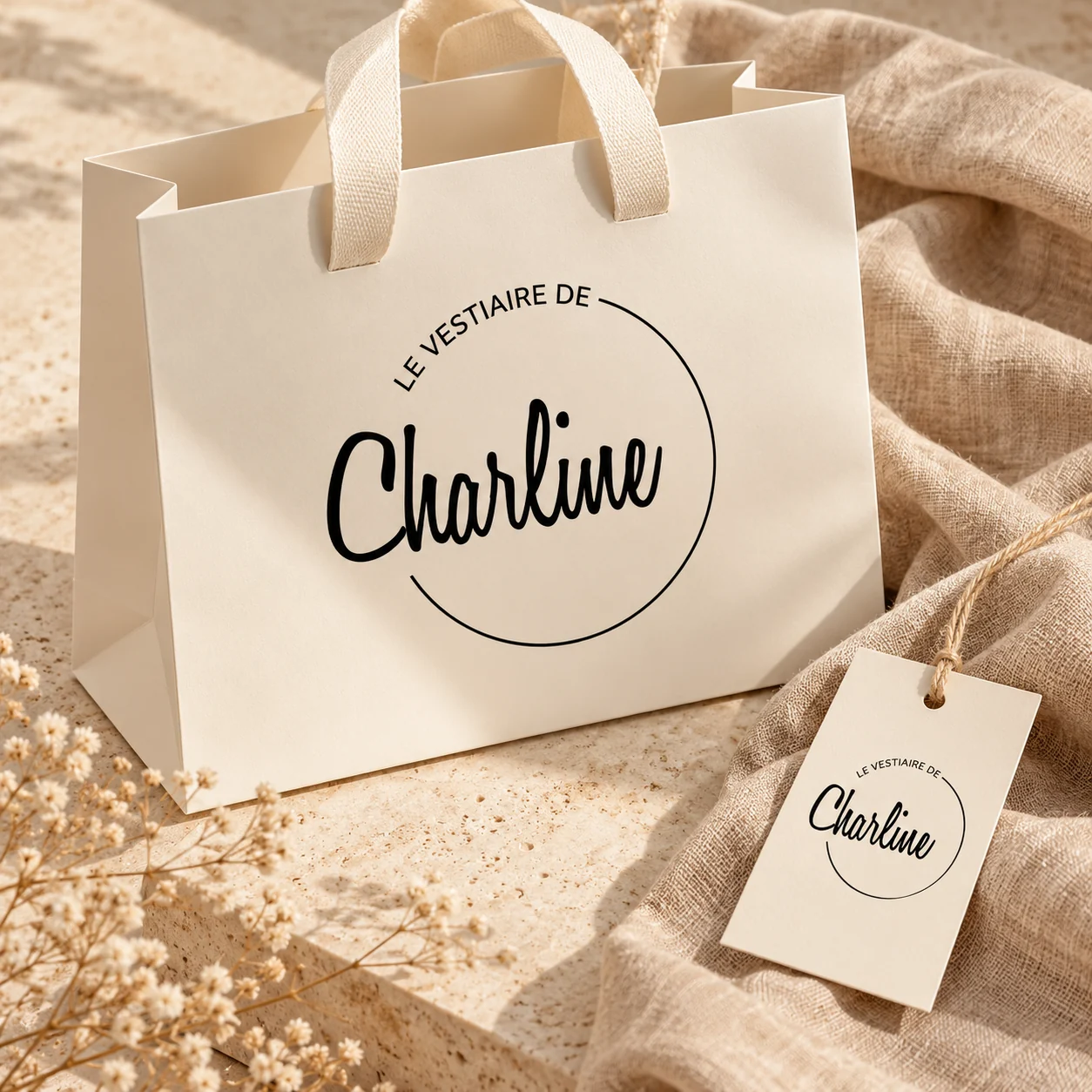Identité visuelle du Vestiaire de Charline : logo sur sac et étiquette