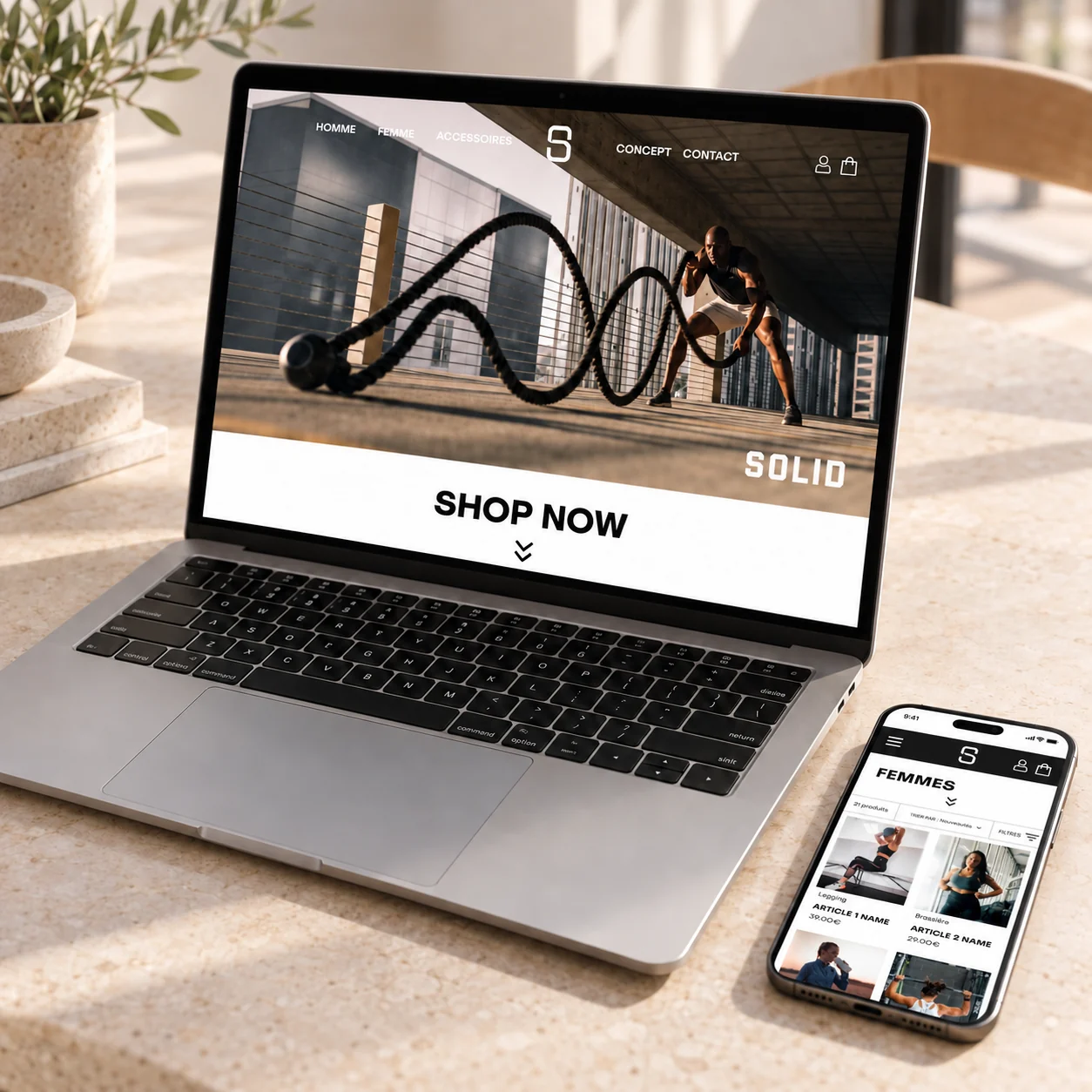 Maquette du site Solid Training sur ordinateur et mobile