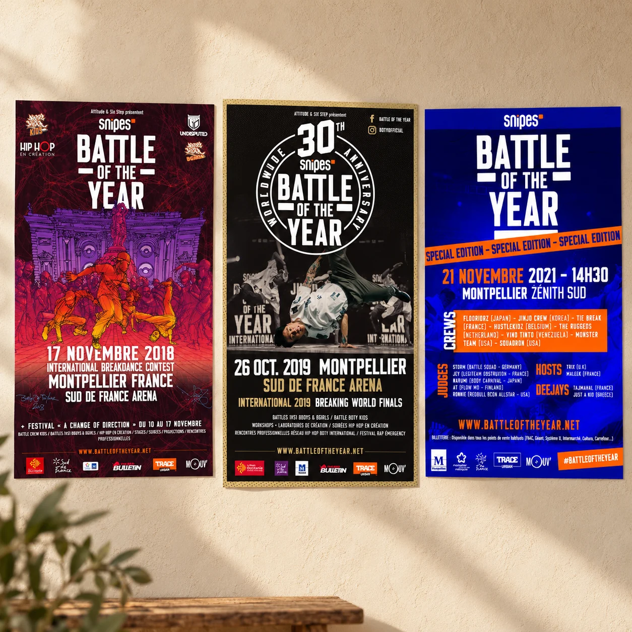 Trois affiches Battle of the Year, éditions 2018, 2019 et 2021
