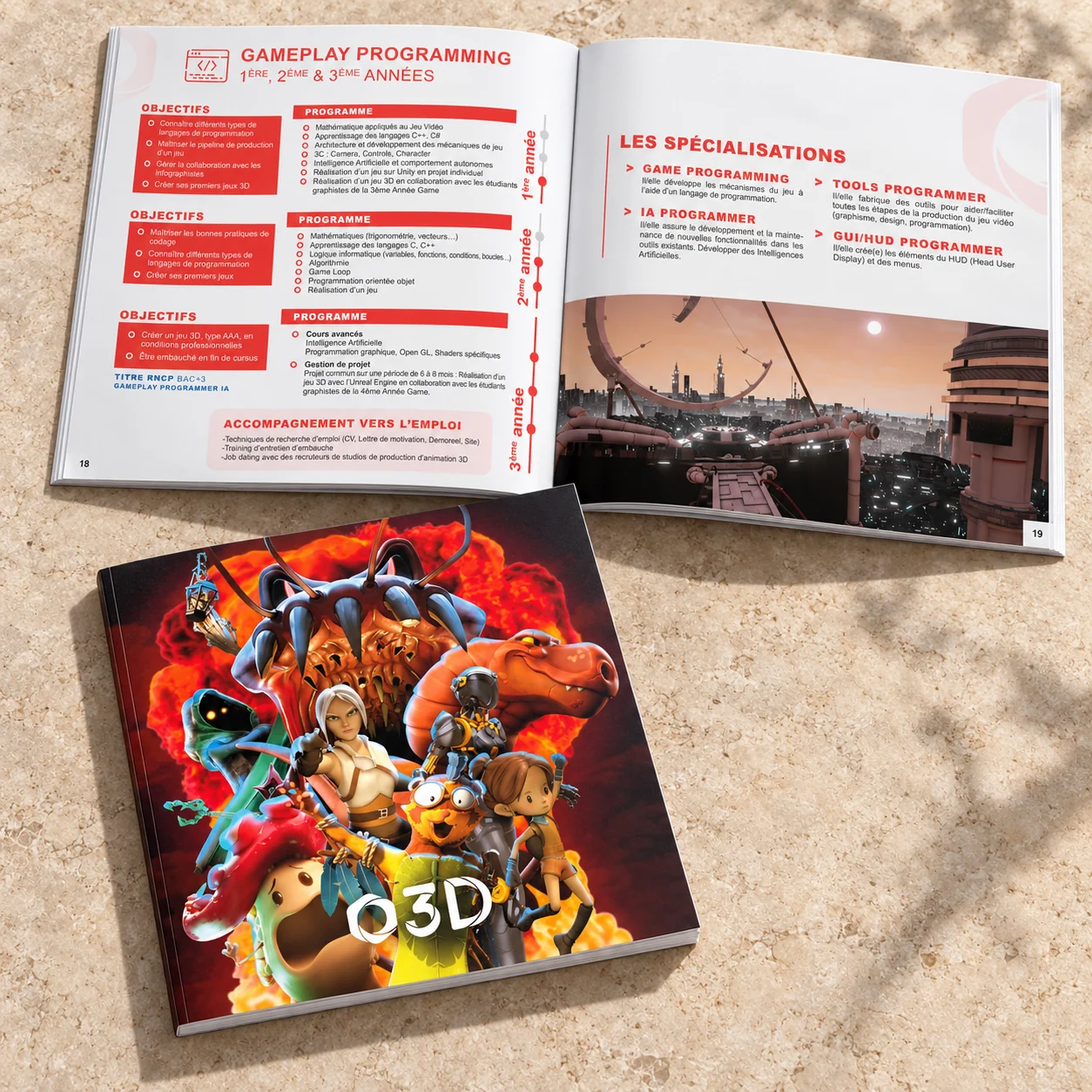 Plaquette commerciale Objectif 3D : couverture et page intérieure au format carré