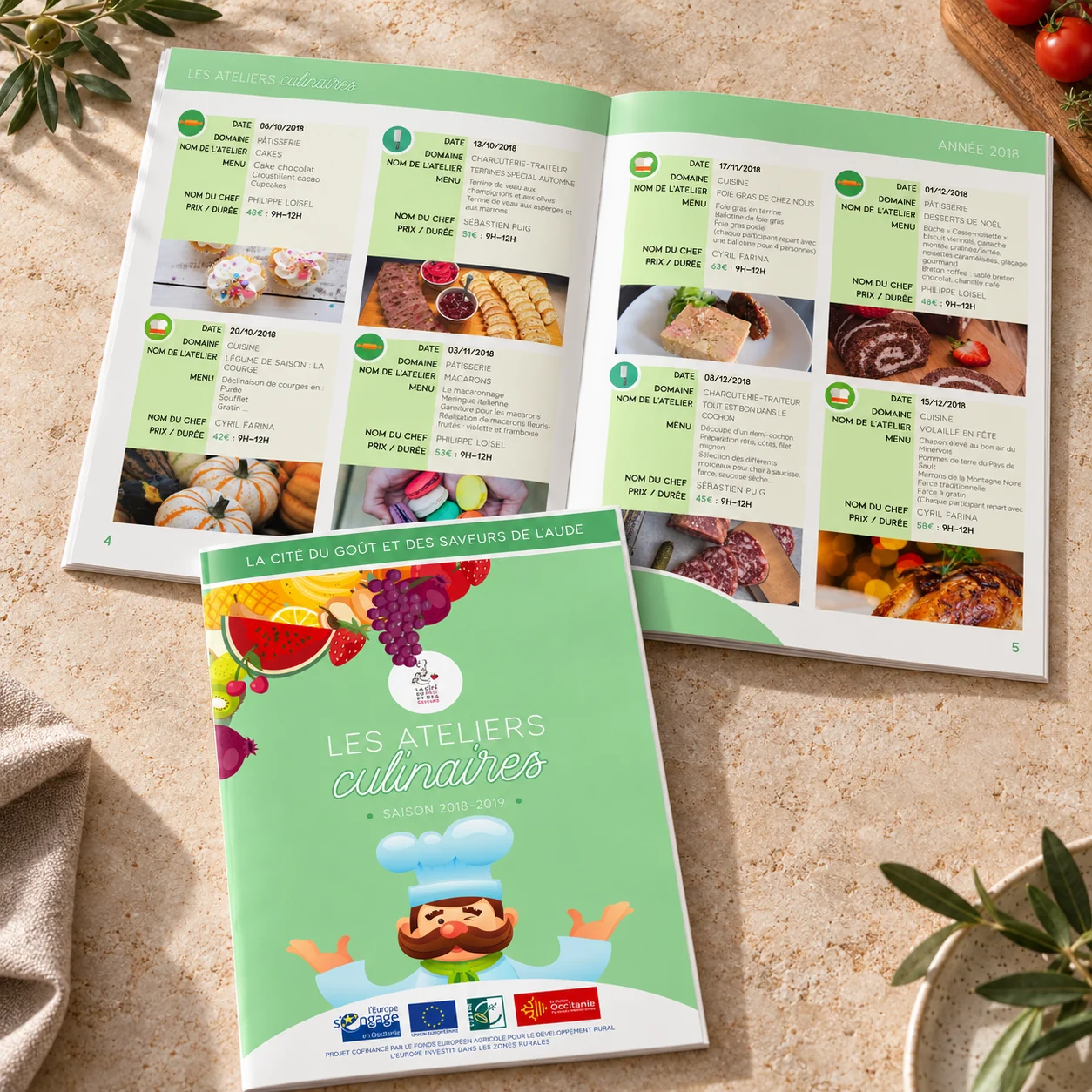 Programme des ateliers culinaires : couverture et double page intérieure