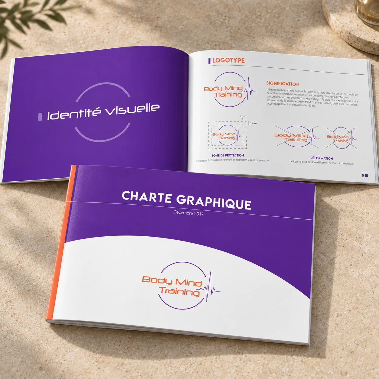 Charte graphique Body Mind Training : couverture et double page intérieure