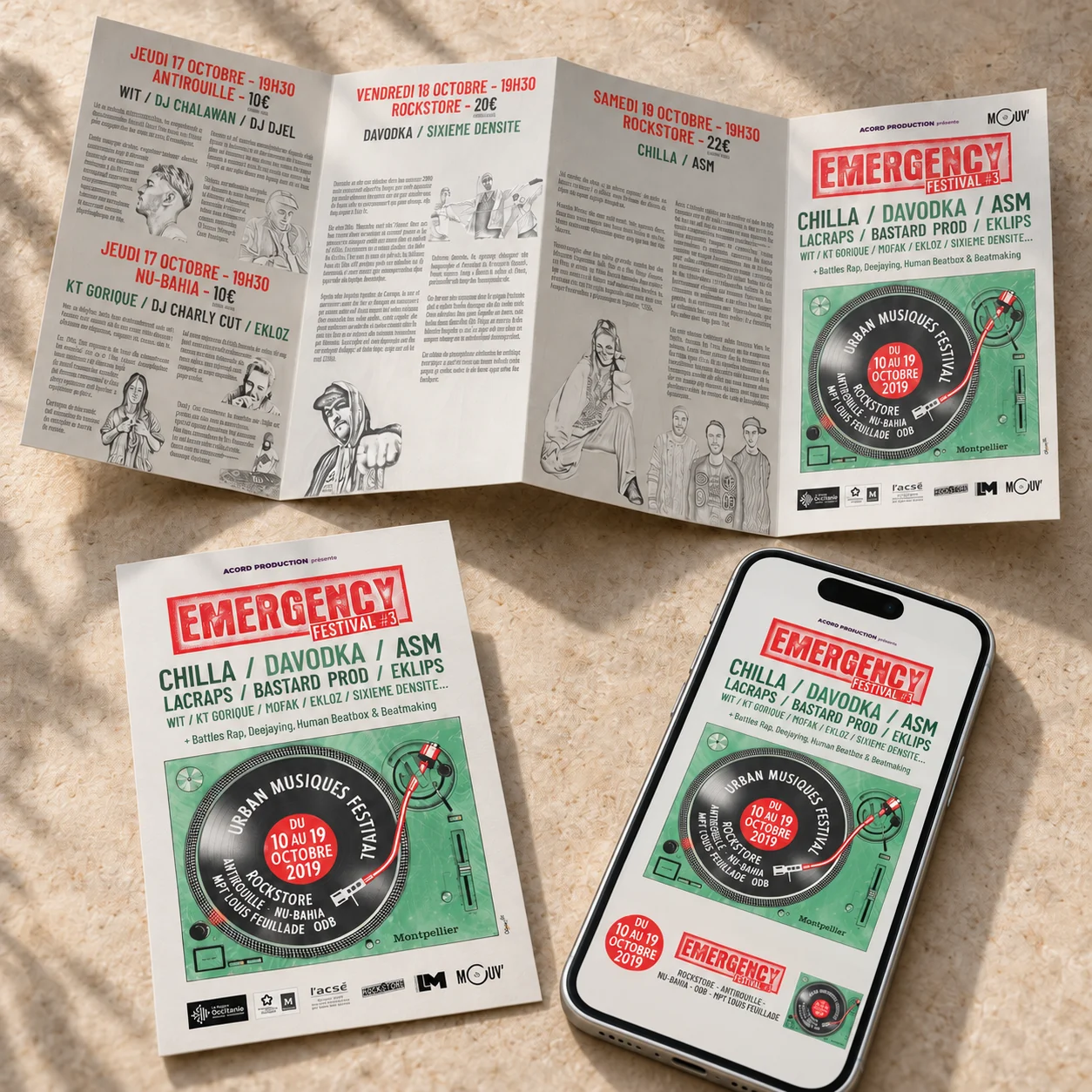 Emergency Festival : programme dépliant, carte postale et supports digitaux